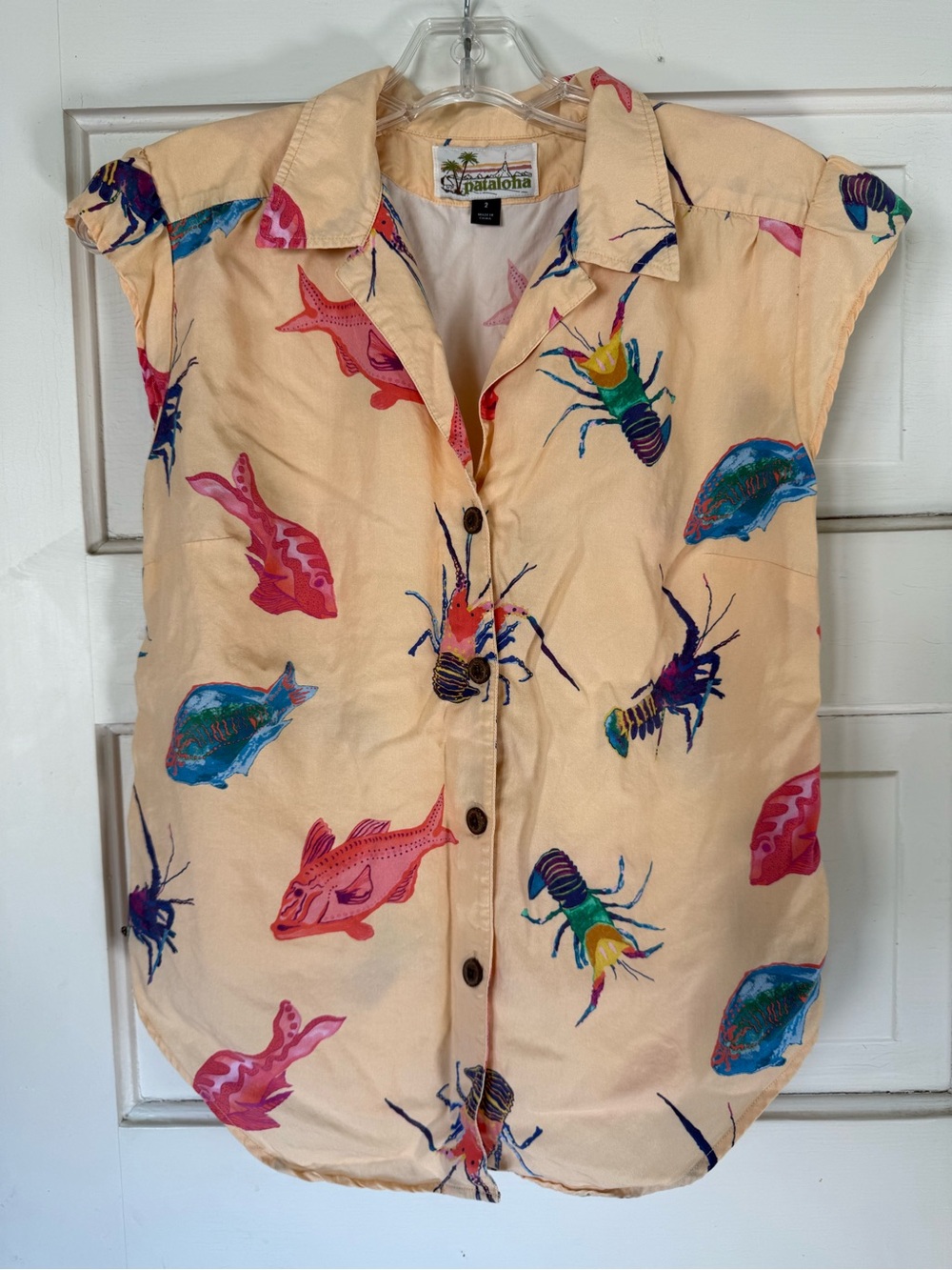Patagonia Peach Short-Sleeve Button-Down with Multicolor Sea Life Print